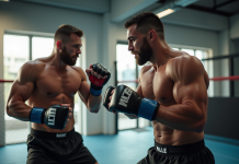 Deux combattants de MMA s'entraînent dans une salle moderne