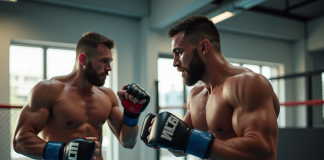 Deux combattants de MMA s'entraînent dans une salle moderne