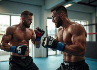 Deux combattants de MMA s'entraînent dans une salle moderne