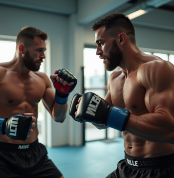 Deux combattants de MMA s'entraînent dans une salle moderne
