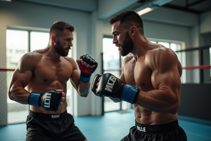 combattants-mma-salle-mille Deux combattants de MMA s'entraînent dans une salle moderne