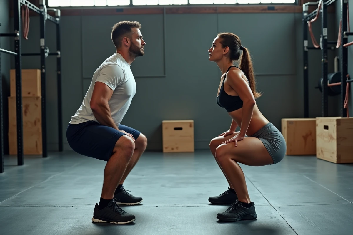 Deux athlètes comparant les positions de départ du goblet squat et du back squat dans un box de CrossFit, vue grand angle illustrant les différences de technique entre les deux exercices
