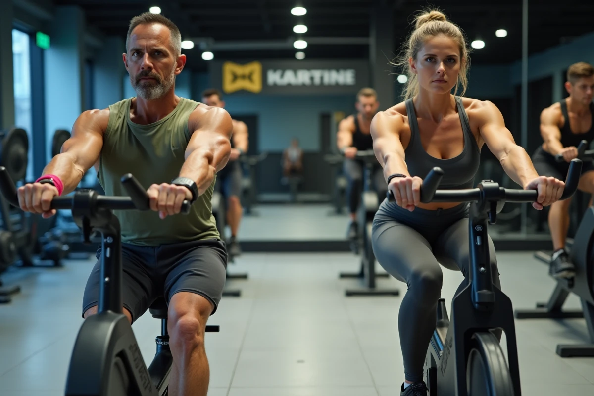 Comparaison côte à côte d'un rameur et d'un vélo d'appartement en salle de fitness professionnelle pour choisir le meilleur appareil cardio