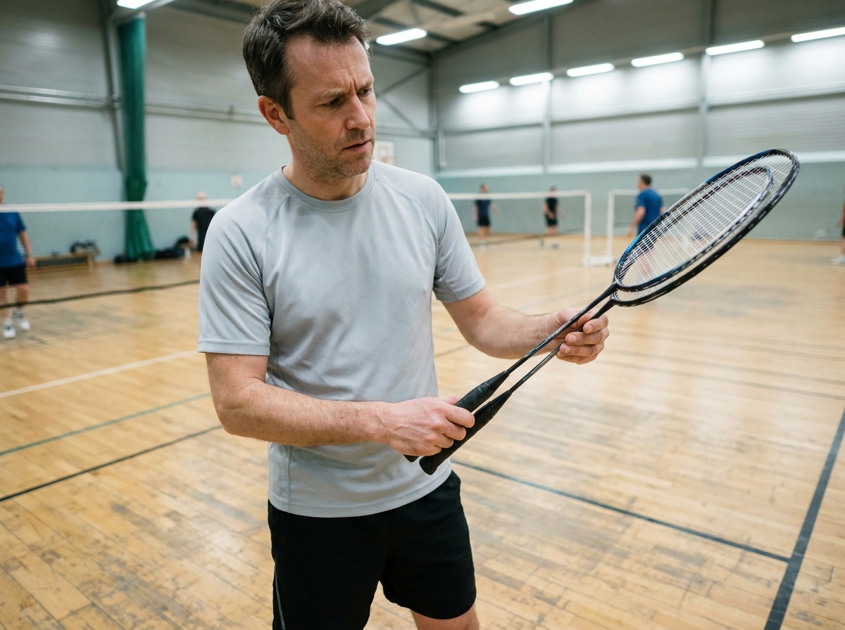 Homme comparant deux raquettes de badminton sur un court intérieur avant de choisir la plus adaptée