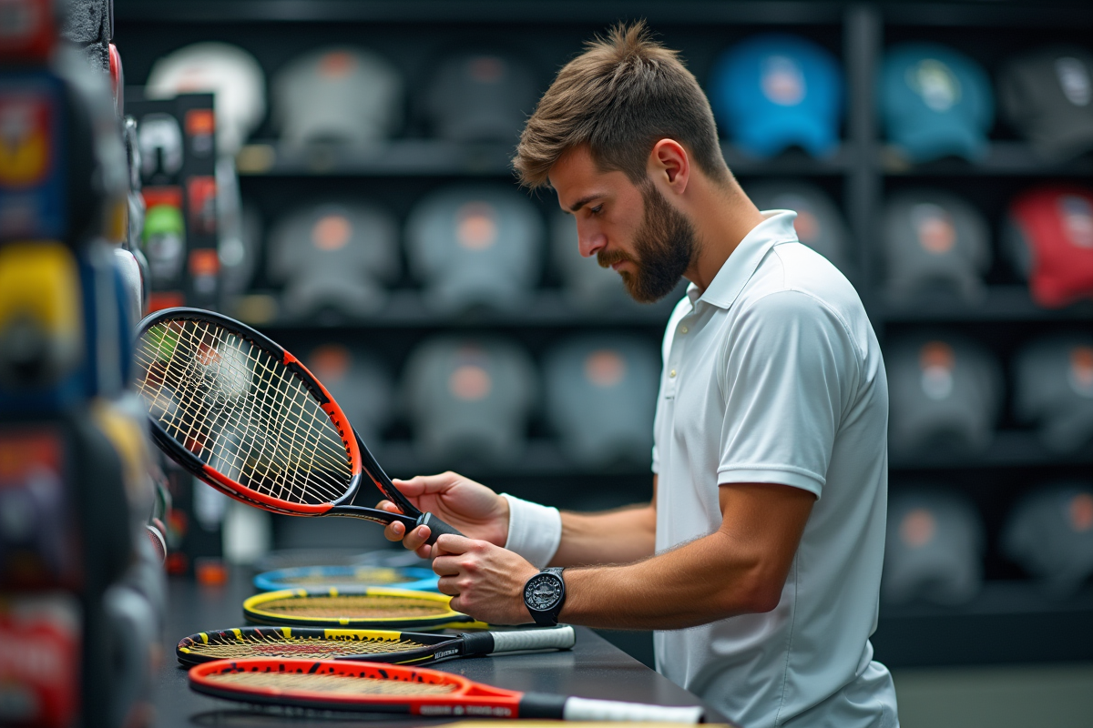 Joueur de tennis comparant différentes raquettes en magasin