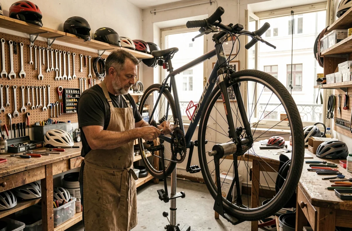 Atelier de réparation vélo du Comptoir du Cycle dans le 2e arrondissement de Lyon avec un mécanicien au travail