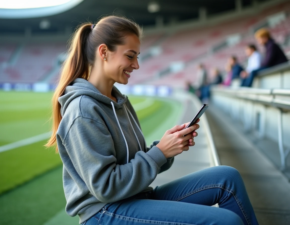 Femme consultant un site d'information sportive locale sur smartphone dans un stade de football r&eacute;gional