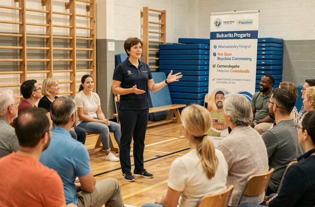Coordinatrice de partenariat sportif présentant un programme communautaire à des participants dans une salle de sport municipale