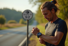 Coureur s'arrêtant près d'un jalon en regardant sa smartwatch
