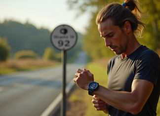 Coureur s'arrêtant près d'un jalon en regardant sa smartwatch