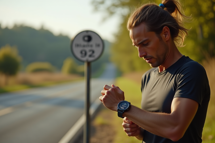 Coureur s'arrêtant près d'un jalon en regardant sa smartwatch