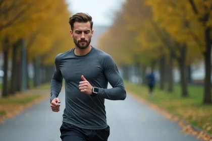 Coureur masculin consultant sa montre GPS affichant la vitesse en min/km lors d'un jogging en ville