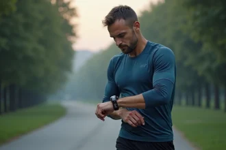 Coureur consultant son tableau d'allures semi-marathon avant une séance d'entraînement en plein air