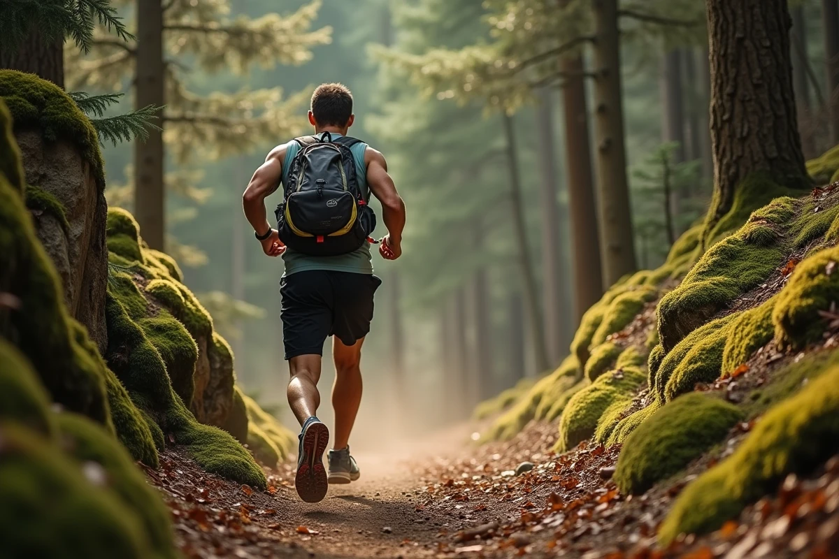 Coureur de trail en descente rapide sur sentier forestier sinueux, équipé d'un gilet d'hydratation pour calculer son allure sur parcours accidenté