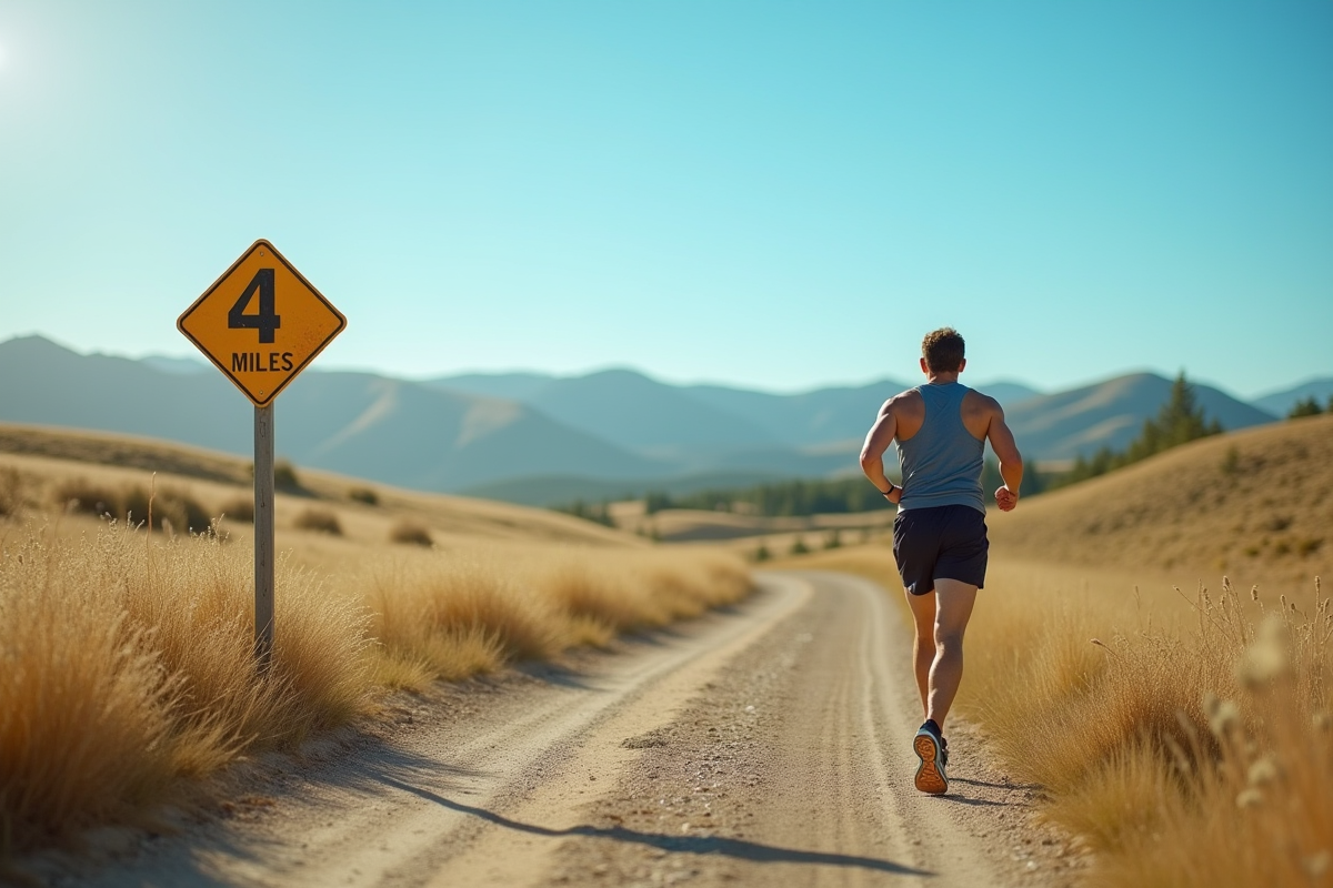 Coureur passant un panneau de 4 miles en plein air