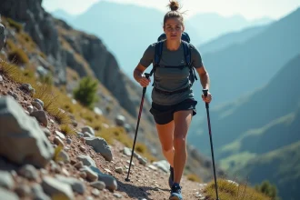 Coureuse de trail en montée raide sur sentier rocheux avec bâtons de randonnée, illustrant la gestion du dénivelé positif en course nature