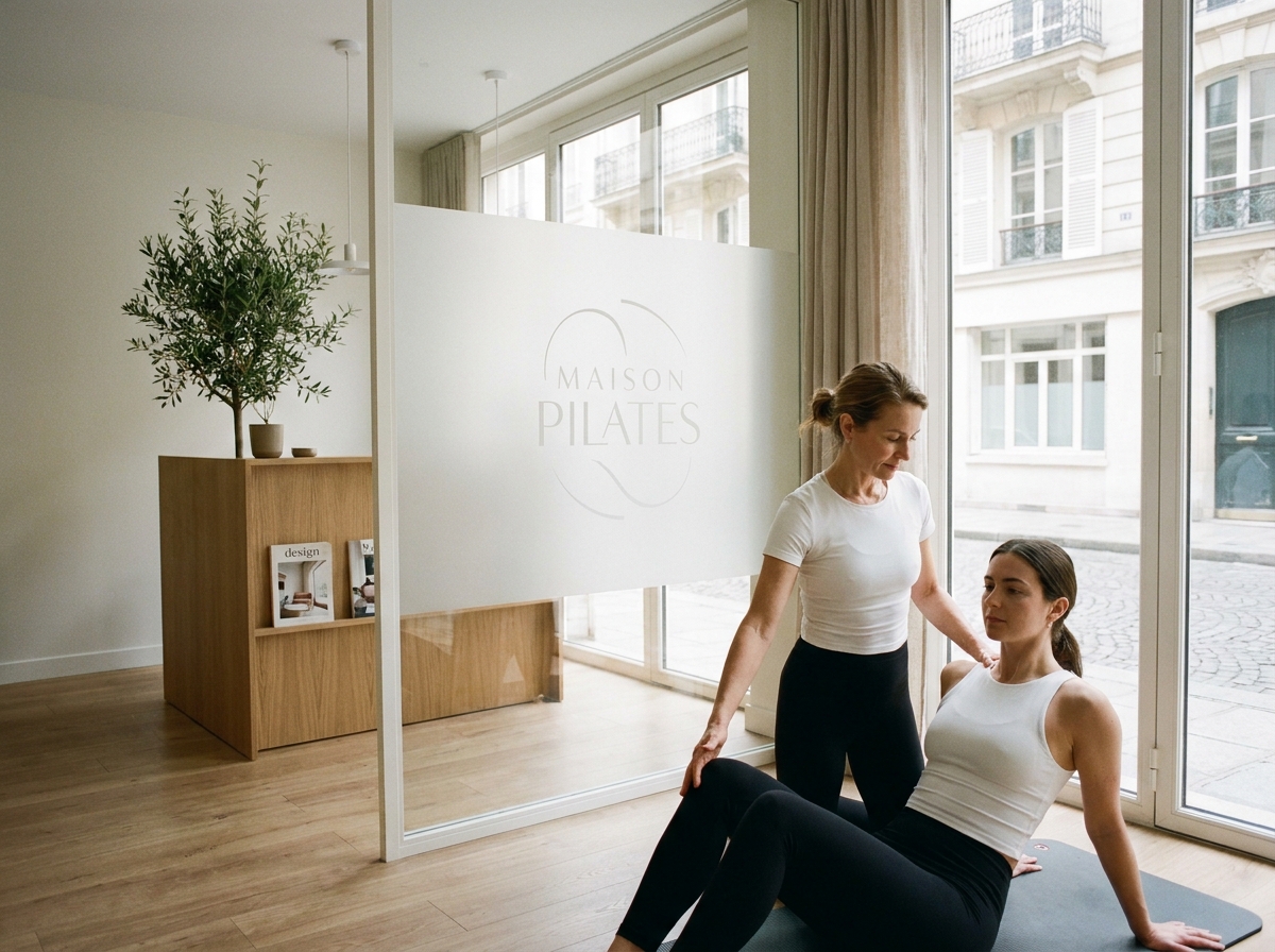 Instructrice de Pilates guidant une cliente lors d'un cours en studio à Monceau Paris