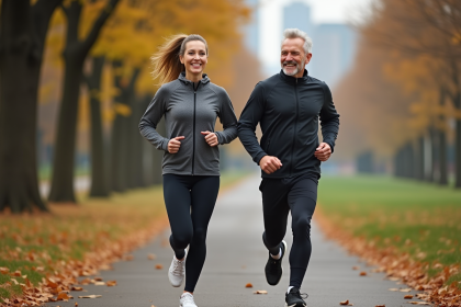 Homme et femme sportifs courant dans un parc en automne