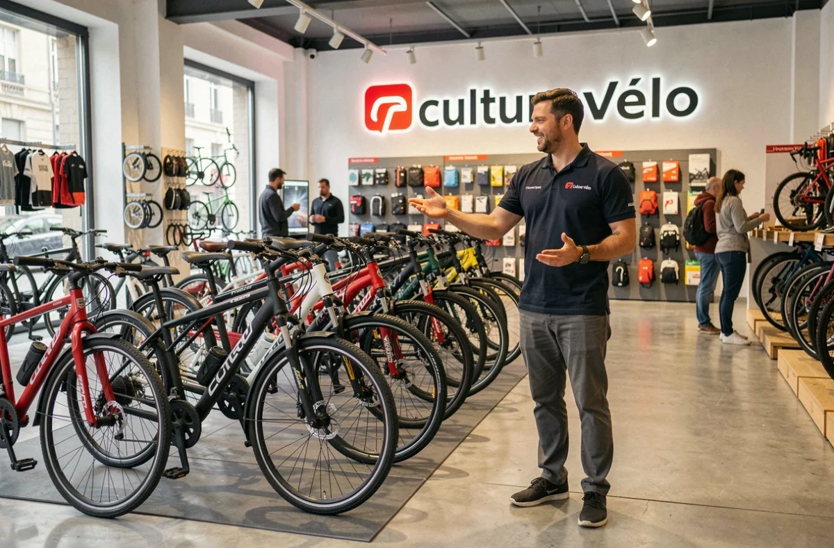Showroom de Culture Vélo Lyon-Centre avec un conseiller vendeur et des vélos de ville exposés