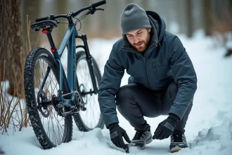 Homme en hiver vérifiant la pression de son pneu de vélo