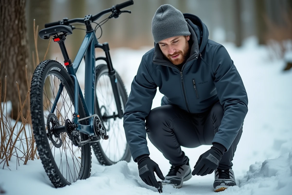 Homme en hiver vérifiant la pression de son pneu de vélo