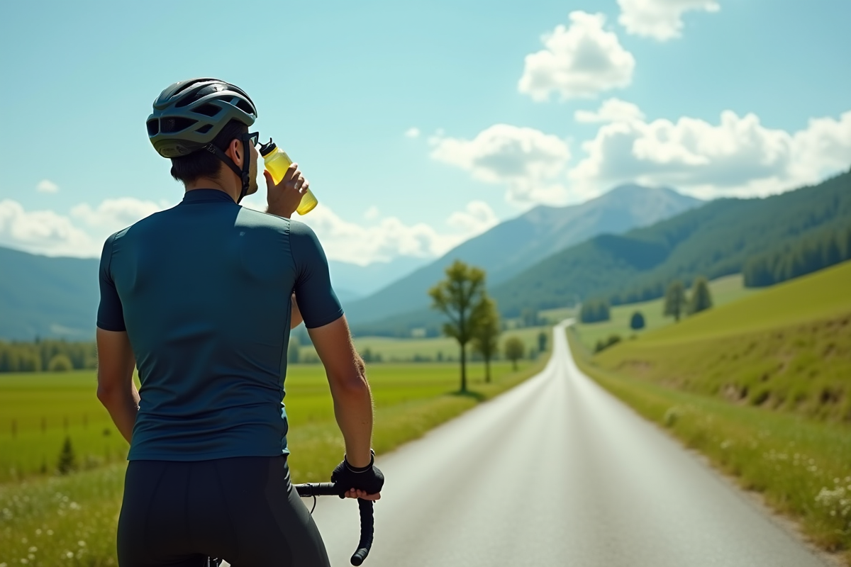 Cycliste en pause buvant sur une route rurale verte