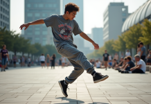 Jeune danseur breakdance en pleine pose dans une place urbaine