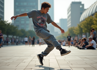 Breakdance aux JO 2028 : pour quelles raisons n’est-il pas au programme ? Jeune danseur breakdance en pleine pose dans une place urbaine