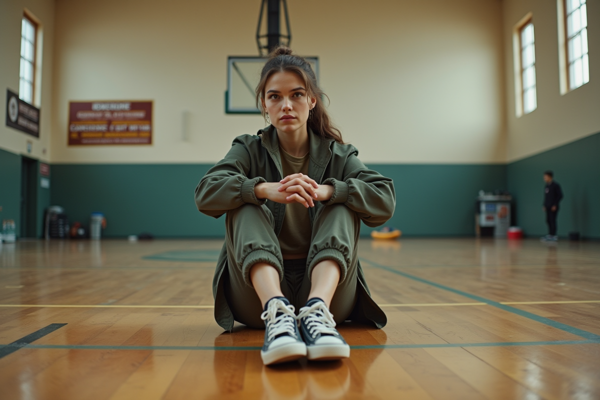 Danseuse breakdance assise dans un gymnase vide en réflexion