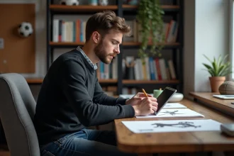 Jeune designer créant logos de football sur tablette
