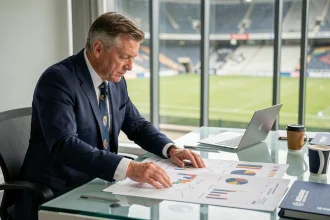 Dirigeant de club de Ligue 1 analysant le budget financier de la saison 2026 dans un bureau moderne au stade