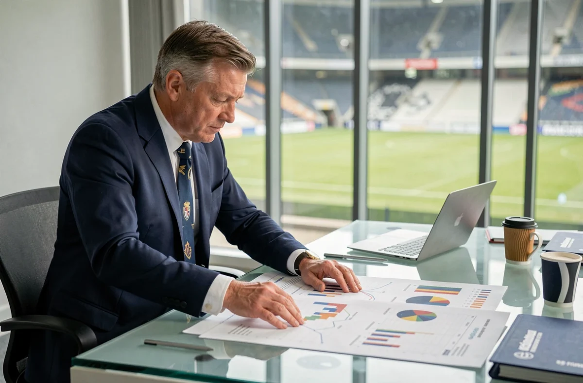 Dirigeant de club de Ligue 1 analysant le budget financier de la saison 2026 dans un bureau moderne au stade