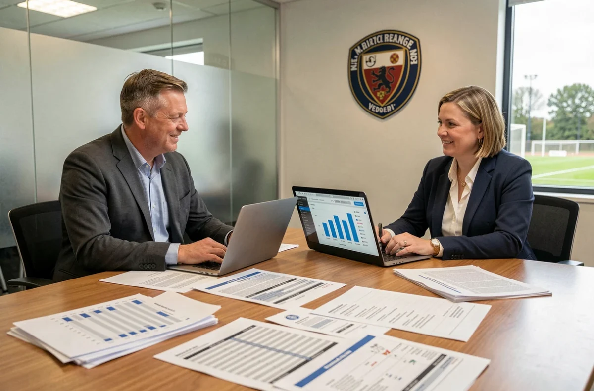 Deux dirigeants de club de football examinant des rapports financiers et des tableaux de budget dans une salle de réunion d'un club de Ligue 1