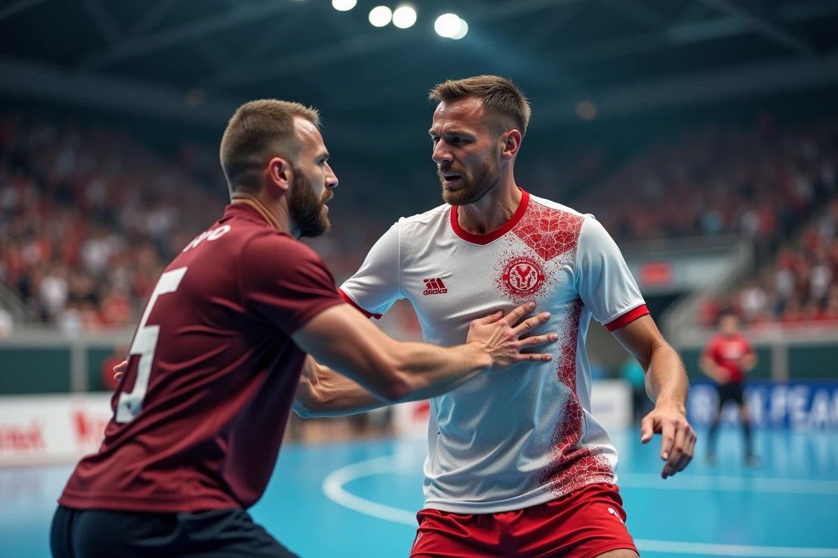 Duel défensif entre un joueur portugais et un joueur danois lors du choc de handball européen