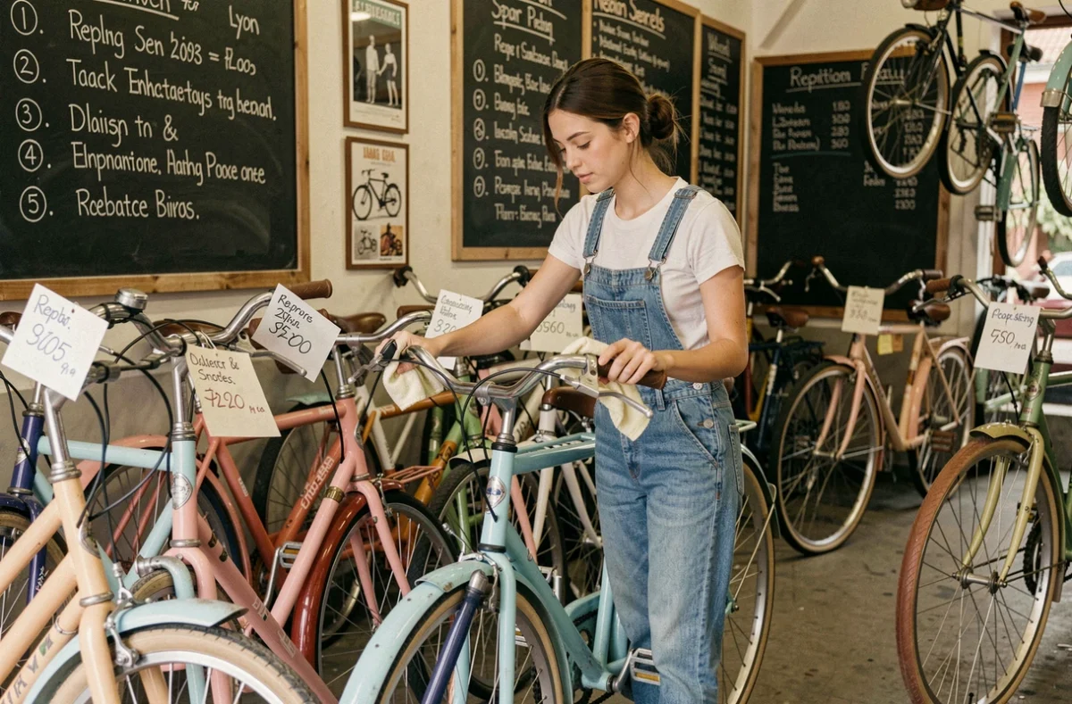 Employée d'En Selle Marcel remettant en état un vélo reconditionné dans la boutique du 2e arrondissement de Lyon