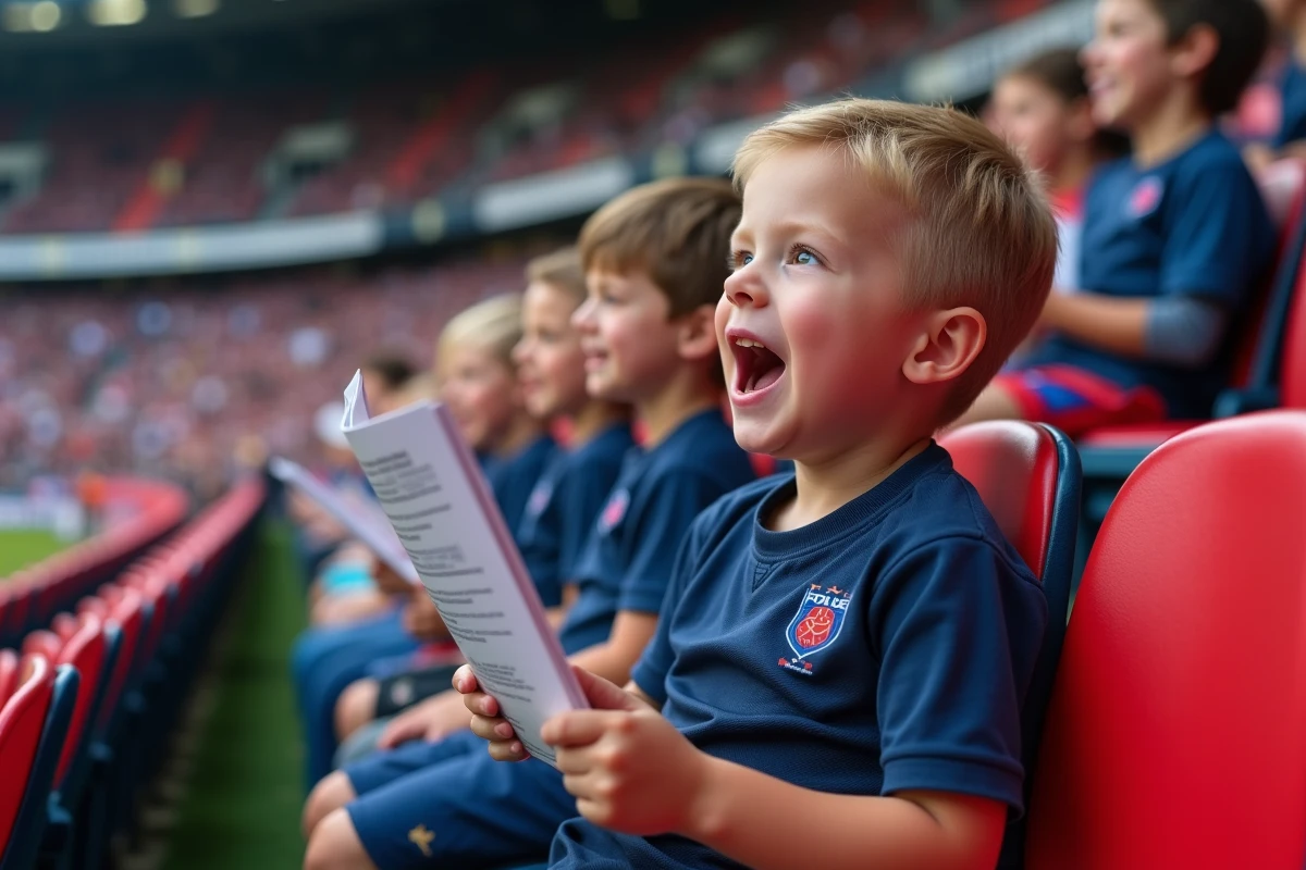 Jeune garçon en maillot de l'équipe de France de rugby assis dans un stade lors d'un match du Tournoi des 6 Nations