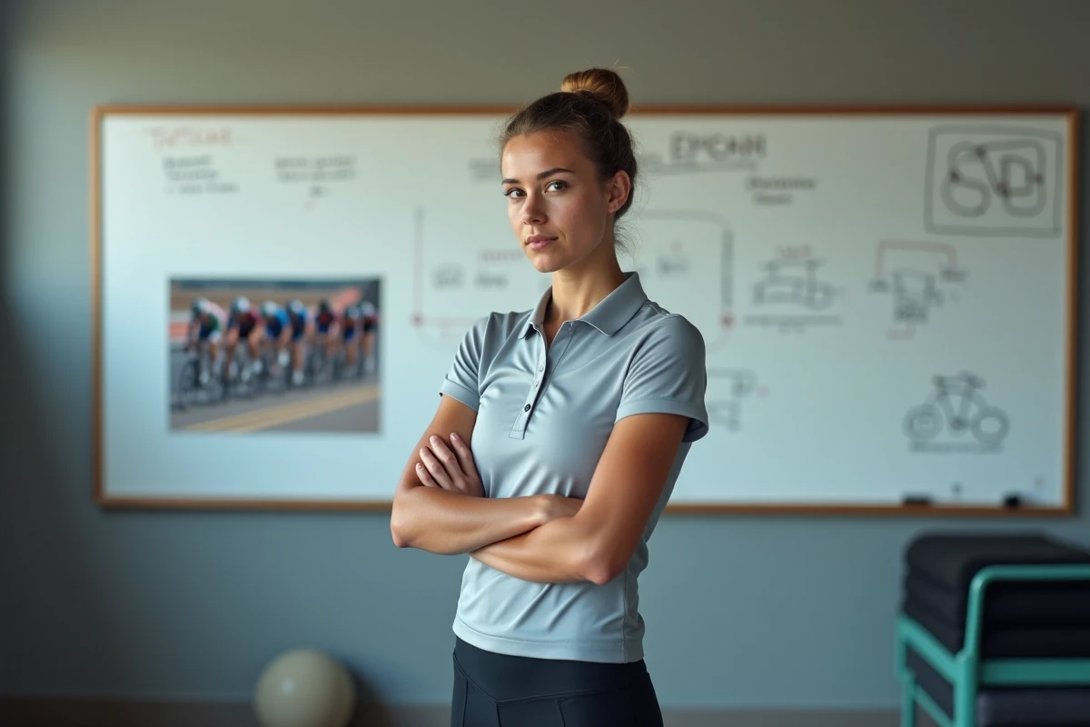 Jeune entraîneuse de cyclisme devant un tableau tactique dans une salle de sport, symbolisant le regard critique de la nouvelle génération sur l'héritage ambigu de Lance Armstrong