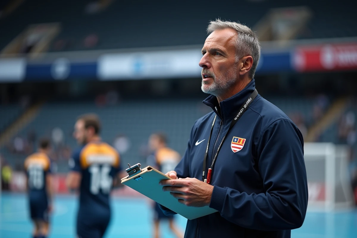 Entraîneur de handball sur le bord du terrain analysant la tactique lors du match Portugal Danemark