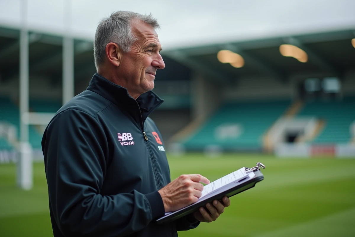 Entraîneur de club de rugby fédérale observant son équipe depuis le bord du terrain avec un clipboard tactique