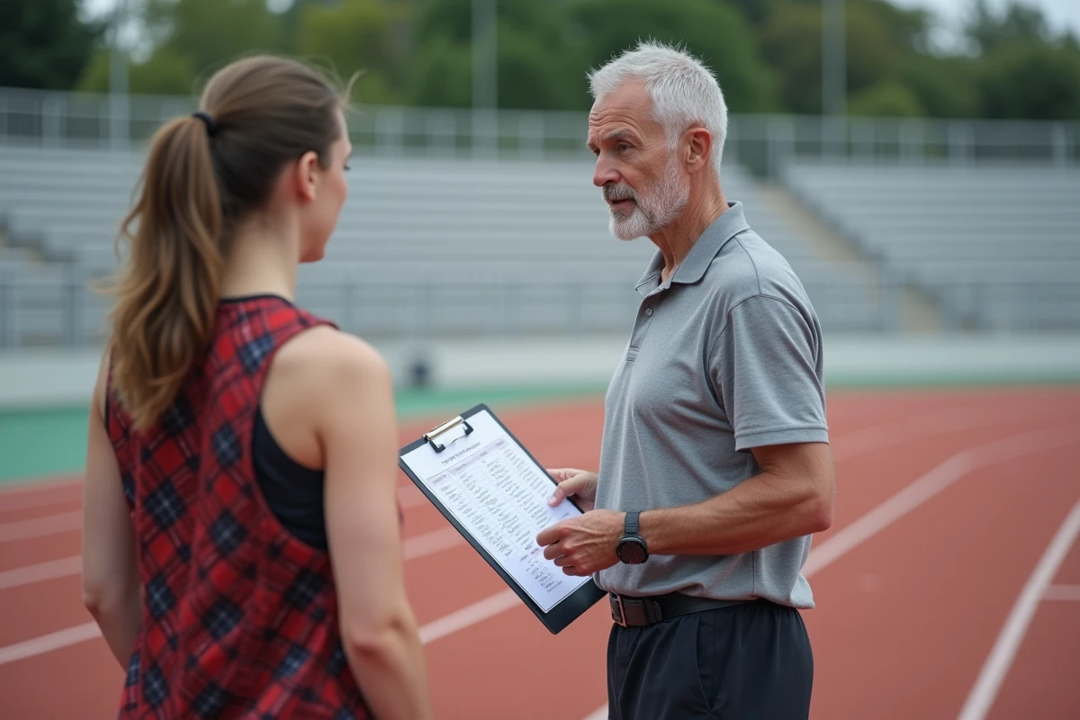 Entraîneur de course expliquant un tableau de conversion de vitesse km/h en min/km à une athlète sur une piste d'athlétisme