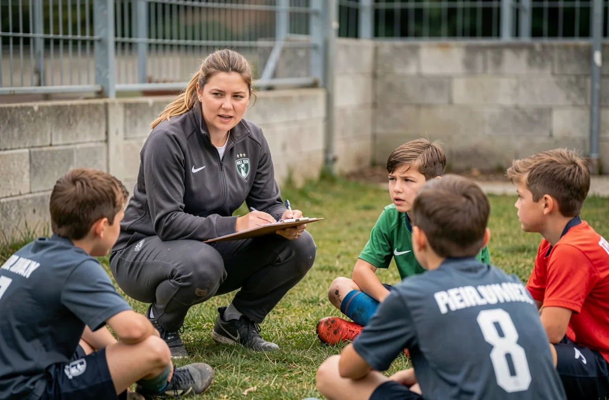 Entraîneuse de football jeunes expliquant une consigne tactique lors d'une séance FFF Calvados