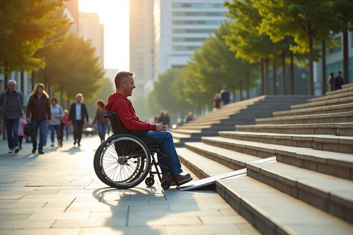 Homme en fauteuil roulant utilisant une rampe dans un espace urbain ensoleille