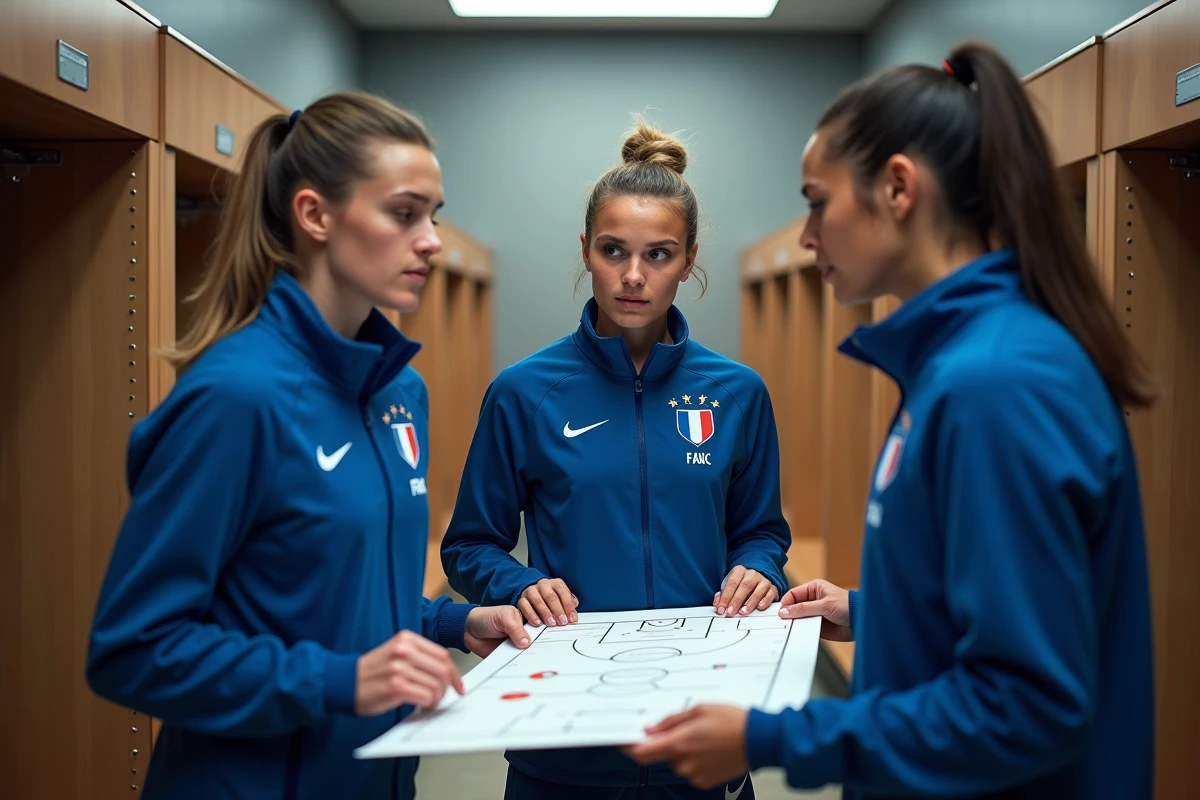Joueuses de l'équipe de France féminine analysant une stratégie tactique en vestiaire