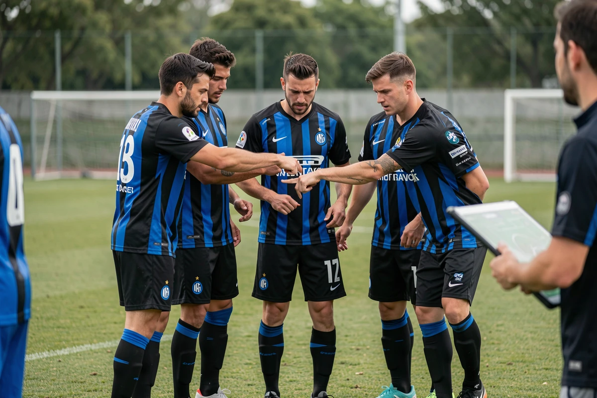 Groupe de joueurs de l'Inter Milan en séance tactique lors d'un entraînement sur le terrain, discussion stratégique en équipe