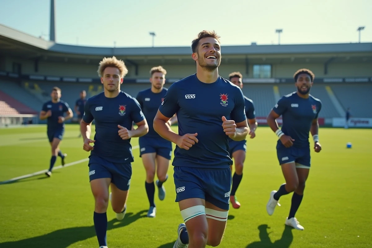Groupe de jeunes rugbymen en entra&icirc;nement sur un terrain vert
