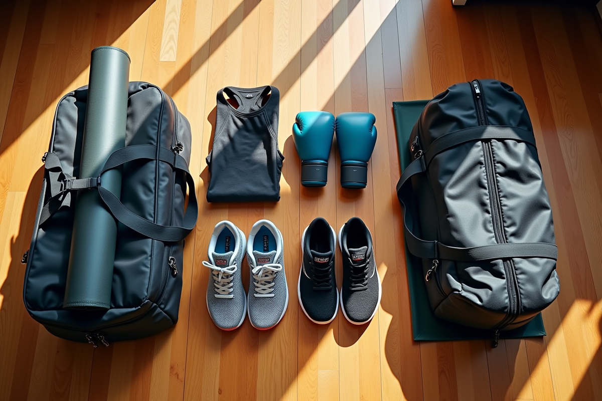 Équipement sportif organisé sur le sol avec sacs de différentes tailles