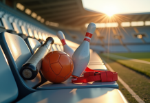 Collection d équipements sportifs sur un banc de stade ensoleille
