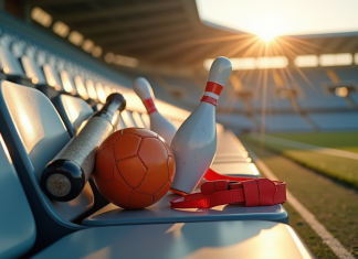 Collection d équipements sportifs sur un banc de stade ensoleille