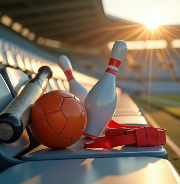 Collection d équipements sportifs sur un banc de stade ensoleille