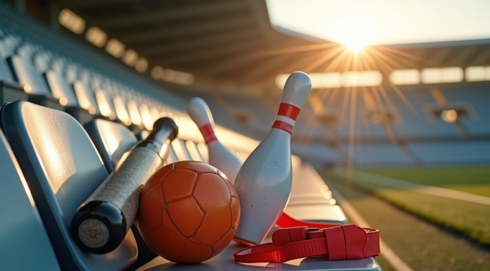Collection d équipements sportifs sur un banc de stade ensoleille